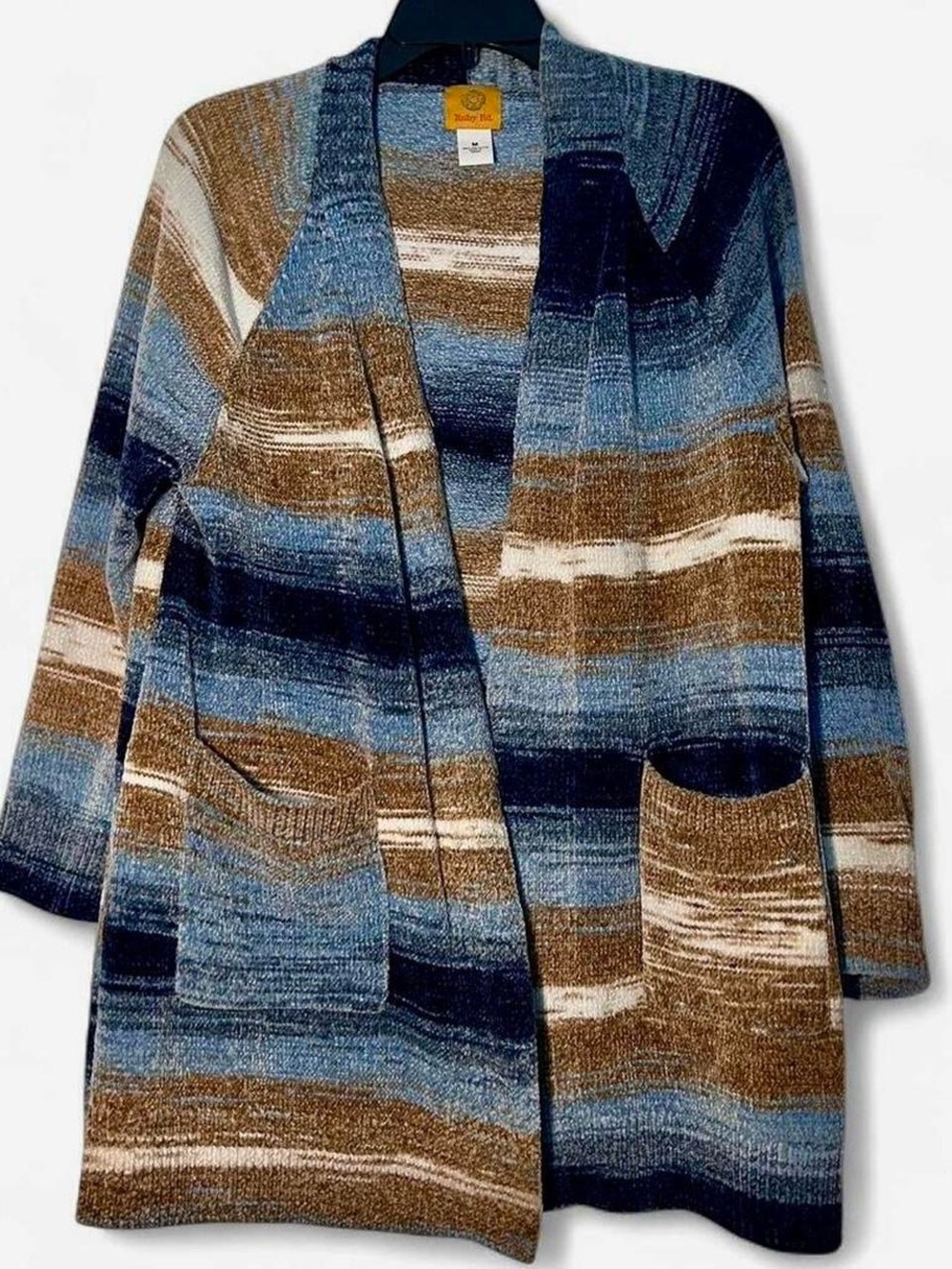 Blue and brown striped open front cardigan with pockets